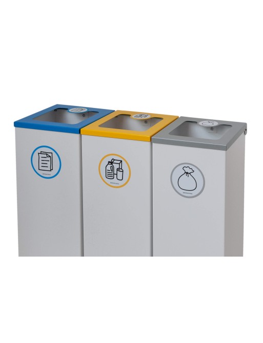 Pack of 3 44L metal recycling bins with flip-top lid - three-stream recycling station