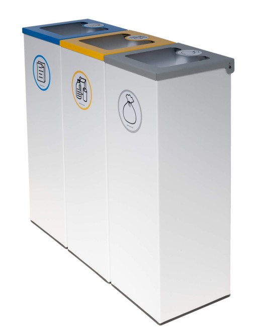 Pack of 3 44L metal recycling bins with flip-top lid - three-stream recycling station