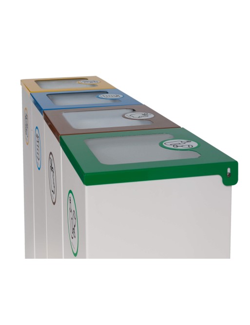 Pack of 4 44L metal recycling bins with flip-top lid. Four-stream recycling station