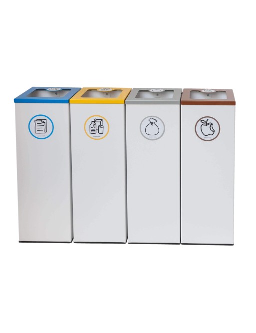 Packung mit 4 44-Liter-Metall-Recyclingbehältern aus Metall mit Klappdeckel – Recyclinginsel für 4 Abfallarten Packung mit 4 44-Liter-Metall-Recyclingbehältern aus Metall mit Klappdeckel – Recyclinginsel für 4 Abfallarten