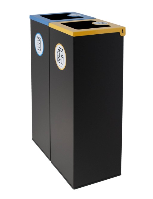 Set mit 2 schwarzen Metall-Recyclingbehältern (44L) mit Klappdeckel – Recyclinginsel für zwei Abfallarten