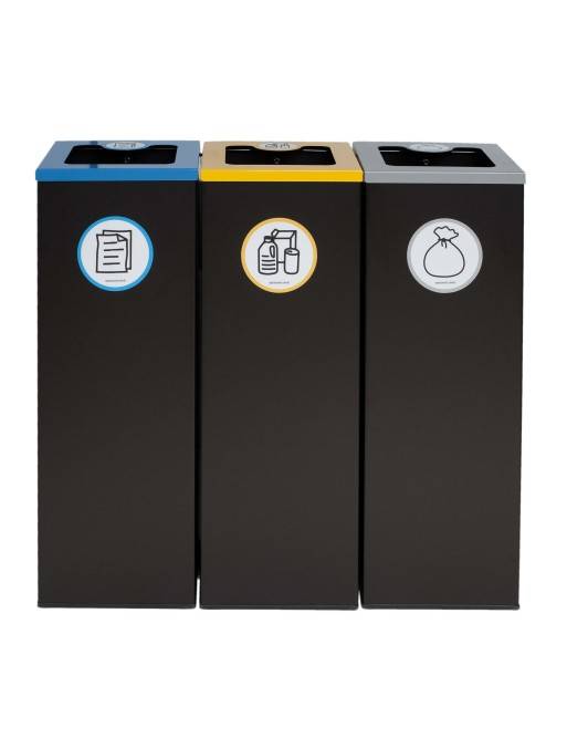 Pack 3 papeleras de reciclaje metálicas negras 44L con tapa abatible– Isla 3 residuos Pack 3 papeleras de reciclaje metálicas negras 44L con tapa abatible– Isla 3 residuos