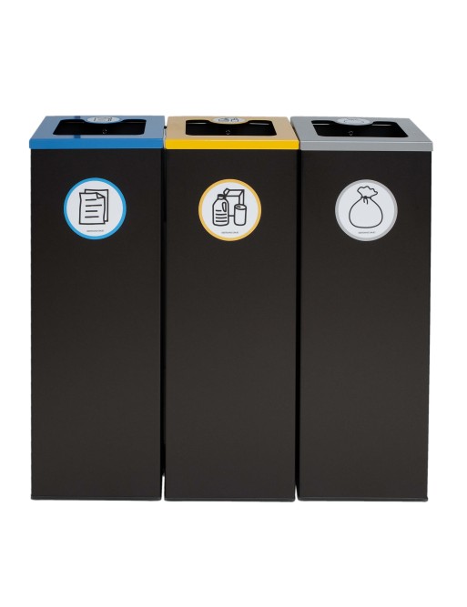 Set mit 3 schwarzen Metall-Recyclingbehältern (44L) mit Klappdeckel – Recyclinginsel für drei Abfallarten