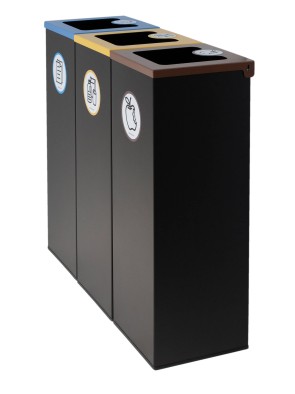 Pack of 3 black metal recycling bins (44L) with flip-top lid - Three-stream recycling station