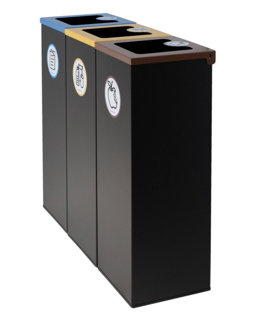 Pack of 3 black metal recycling bins (44L) with flip-top lid - Three-stream recycling station