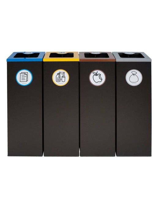 Lot de 4 poubelles de recyclage en métal noir (44L) avec couvercle rabattable – Îlot de recyclage pour quatre types de déchets