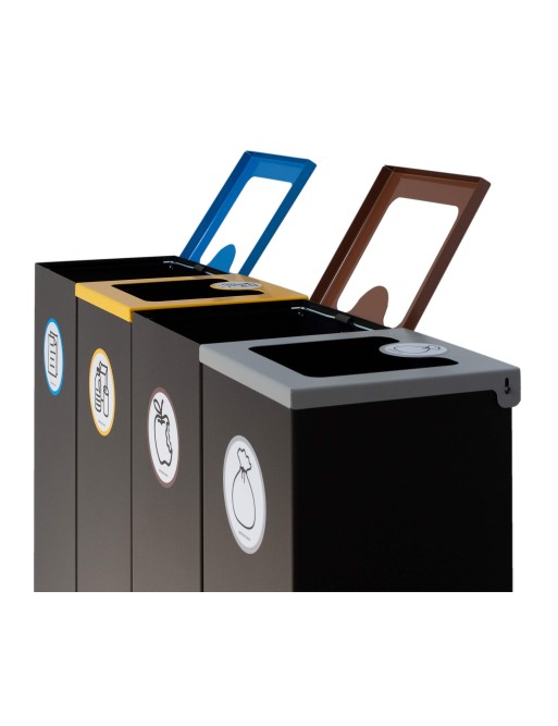 Lot de 4 poubelles de recyclage en métal noir (44L) avec couvercle rabattable – Îlot de recyclage pour quatre types de déchets