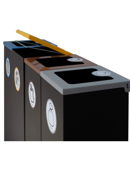 Set mit 4 schwarzen Metall-Recyclingbehältern (44L) mit Klappdeckel – Recyclinginsel für vier Abfallarten