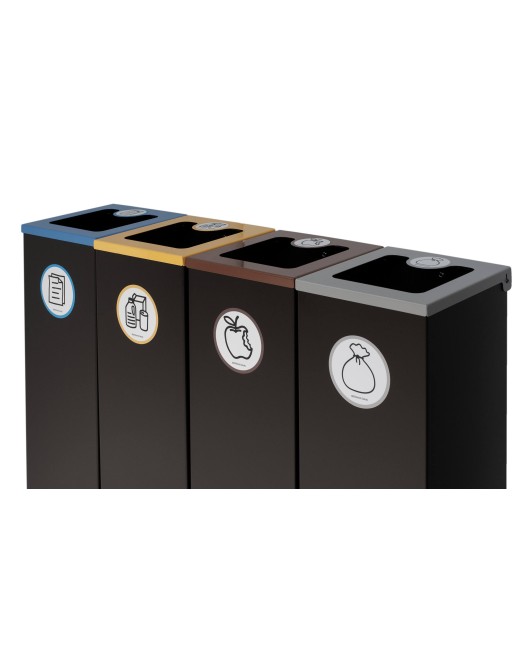 Set mit 4 schwarzen Metall-Recyclingbehältern (44L) mit Klappdeckel – Recyclinginsel für vier Abfallarten