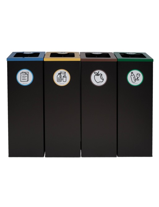 Lot de 4 poubelles de recyclage en métal noir (44L) avec couvercle rabattable – Îlot de recyclage pour quatre types de déchets