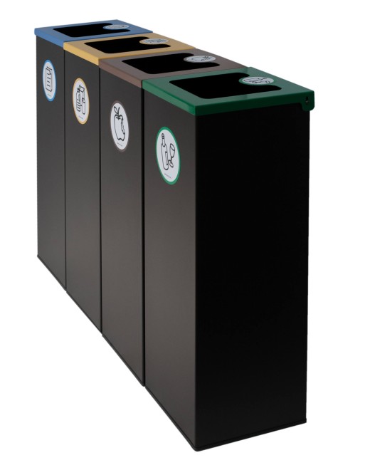 Set mit 4 schwarzen Metall-Recyclingbehältern (44L) mit Klappdeckel – Recyclinginsel für vier Abfallarten