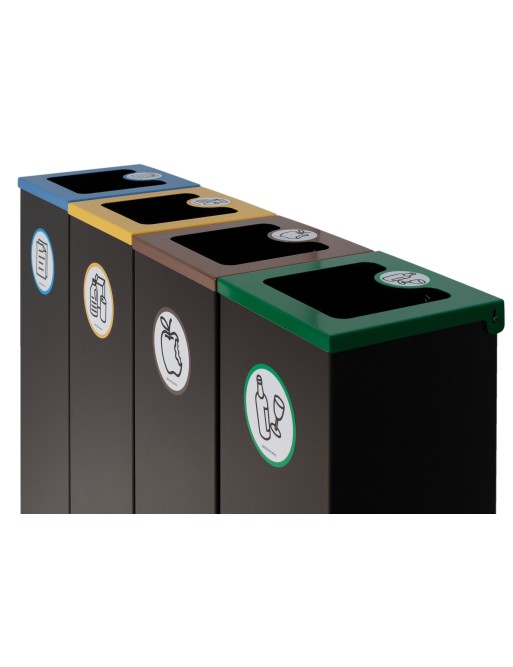 Set mit 4 schwarzen Metall-Recyclingbehältern (44L) mit Klappdeckel – Recyclinginsel für vier Abfallarten