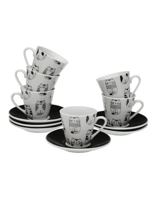 SET MIT 6 KAFFEETASSEN MIT UNTERTASSE MODELLKATZEN