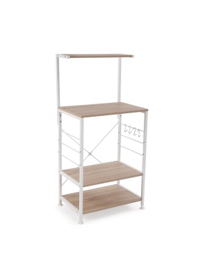 WHITE METAL SHELF WITH WOODEN SHELVES AND MICRO MODEL HANGERS