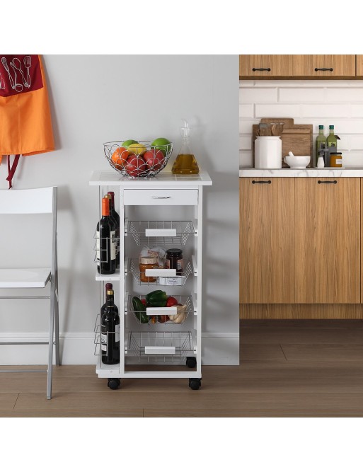 WHITE KITCHEN CART WITH DRAWERS AND SHELVES MODEL MIR