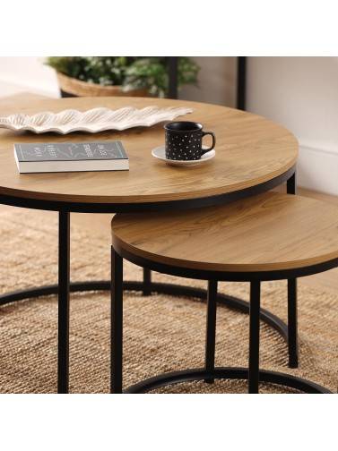 SET OF TWO SIDE TABLES MADE OF WOOD AND BLACK METAL MODEL ANDREA