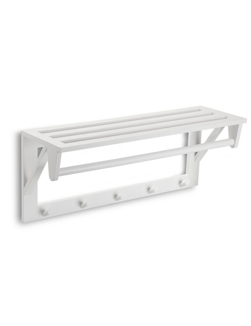 WHITE WALL COAT RACK WITH 5 HOOKS AND SHELF