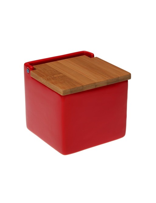 SALERO ROJO CON TAPA DE BAMBÚ 11x10,5x11 CM