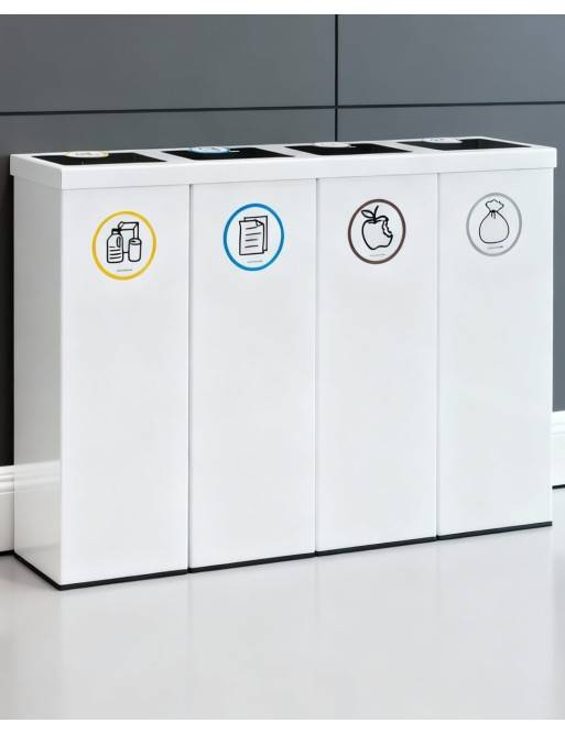 Poubelle de recyclage en métal blanc pour 4 types de déchets. Capacité de 176 litres (Jaune / Bleu / Marron / Gris) Poubelle de recyclage en métal blanc pour 4 types de déchets. Capacité de 176 litres (Jaune / Bleu / Marron / Gris)