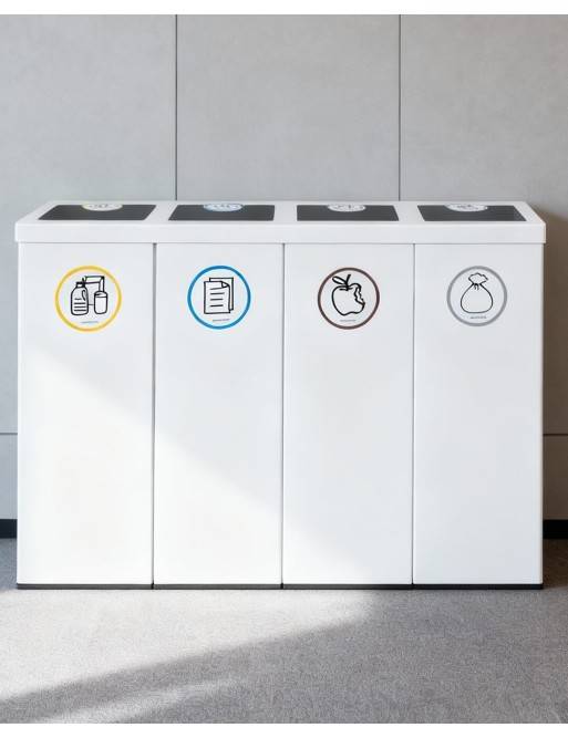 Weiße Metall-Recycling-Tonne mit 4 Fächern. Kapazität 176 Liter (Gelb / Blau / Braun / Grau)
