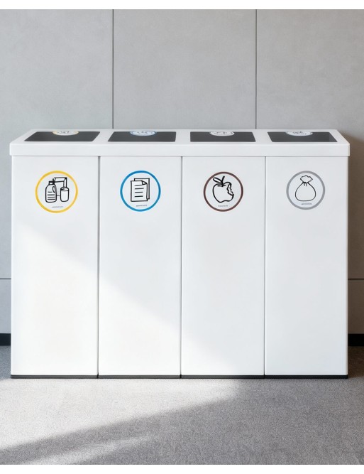 White Metal Recycling Bin for 4 Types of Waste. With Bag Holder Ring. 176-Liter Capacity White Metal Recycling Bin for 4 Types of Waste. With Bag Holder Ring. 176-Liter Capacity