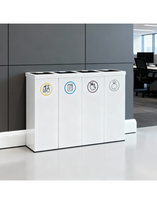 Papelera de reciclaje metálica blanca 4 residuos 176L con aro sujetabolsas Papelera de reciclaje metálica blanca 4 residuos 176L con aro sujetabolsas