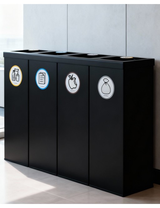 Black Metal Recycling Bin with 4 Compartments. 176-Liter Capacity (Yellow / Blue / Brown / Gray)