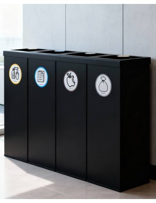 Papelera de reciclaje metálica negra 4 residuos 176L con aro sujetabolsas