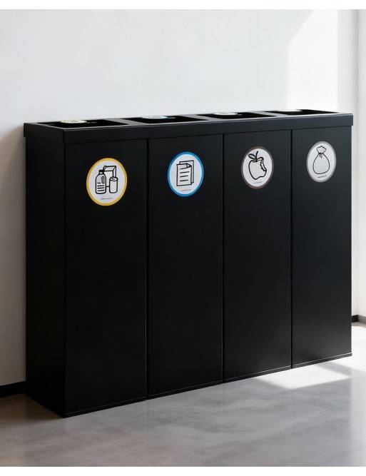 Papelera de reciclaje metálica negra 4 residuos 176L con aro sujetabolsas