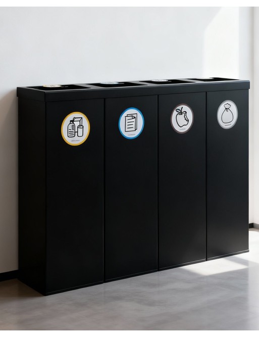 Schwarze Metall-Recycling-Tonne für 4 Abfallarten. Mit Haltering für Müllbeutel. 176-Liter-Kapazität Schwarze Metall-Recycling-Tonne für 4 Abfallarten. Mit Haltering für Müllbeutel. 176-Liter-Kapazität