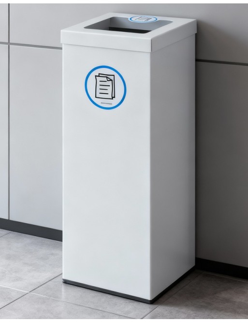 White Metal Recycling Bin 44 Litres. With Bag Holder Ring (5 Recycling Stickers)