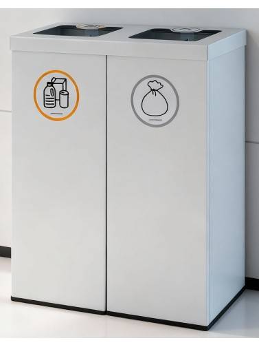 Papelera de reciclaje metálica blanca 2 residuos 88L con aro sujetabolsas