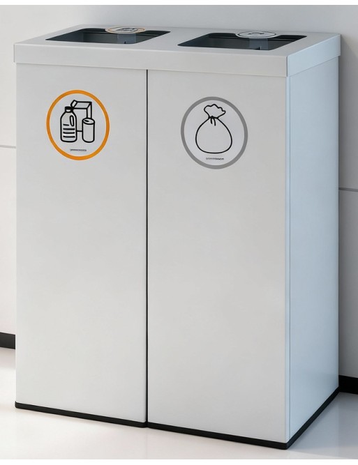 Weiße Metall-Recycling-Tonne für 2 Abfallarten. Mit Haltering für Müllbeutel. 88-Liter-Kapazität (5 Recyclingaufkleber) Weiße Metall-Recycling-Tonne für 2 Abfallarten. Mit Haltering für Müllbeutel. 88-Liter-Kapazität (5 Recyclingaufkleber)