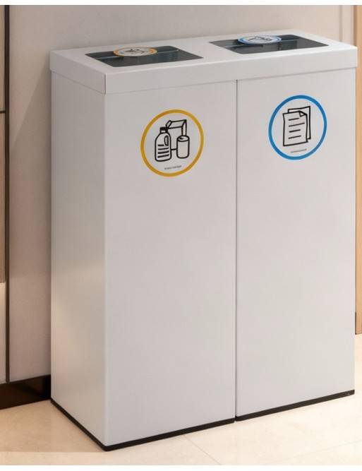 White Metal Recycling Bin for 2 Types of Waste. With Bag Holder Ring. 88-Liter Capacity (5 recycling stickers)
