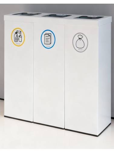 Weiße Metall-Recycling-Tonne für 3 Abfallarten. Mit Haltering für Müllbeutel. 132-Liter-Kapazität (5 Recyclingaufkleber)