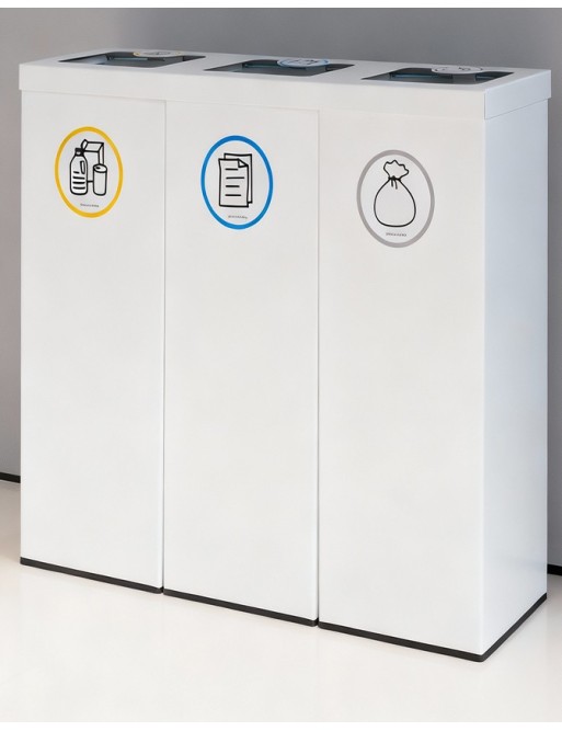 Poubelle de recyclage en métal blanc pour 3 types de déchets. Avec anneau de maintien pour sac. Capacité de 132 litres