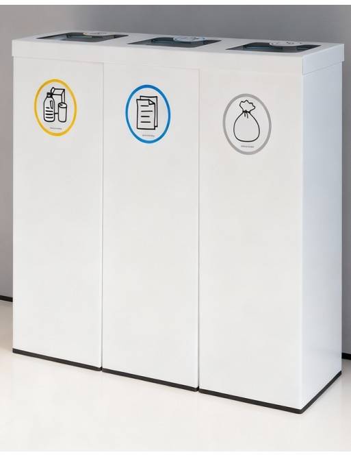 Weiße Metall-Recycling-Tonne für 3 Abfallarten. Mit Haltering für Müllbeutel. 132-Liter-Kapazität (5 Recyclingaufkleber) Weiße Metall-Recycling-Tonne für 3 Abfallarten. Mit Haltering für Müllbeutel. 132-Liter-Kapazität (5 Recyclingaufkleber)