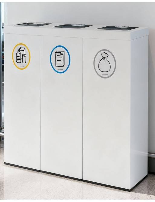 Papelera de reciclaje metálica blanca 3 residuos 132L con aro sujetabolsas