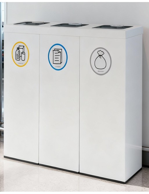 Poubelle de recyclage en métal blanc pour 3 types de déchets. Avec anneau de maintien pour sac. Capacité de 132 litres