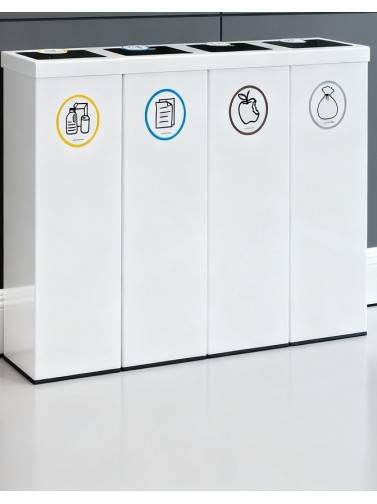 Papelera de reciclaje metálica blanca 4 residuos 176L con aro sujetabolsas