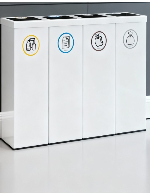 Poubelle de recyclage en métal blanc pour 4 types de déchets. Avec anneau de maintien pour sac. Capacité de 176 litres