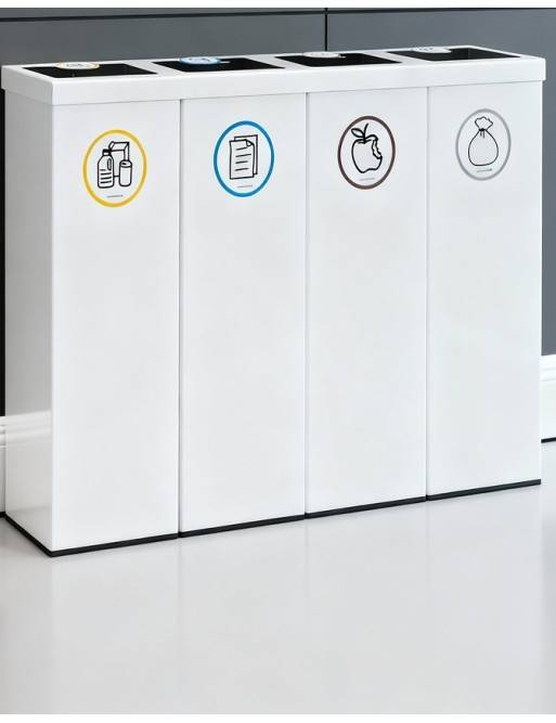 White Metal Recycling Bin for 4 Types of Waste. With Bag Holder Ring. 176-Liter Capacity