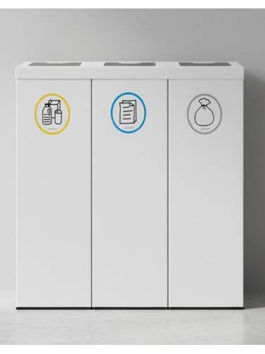 Papelera de reciclaje metálica blanca 3 residuos 132L (5 adhesivos)