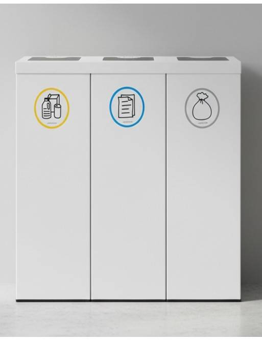 Corbeille à papier de recyclage metállique blanc avec trois compartiments 132 Litres Corbeille à papier de recyclage metállique blanc avec trois compartiments 132 Litres