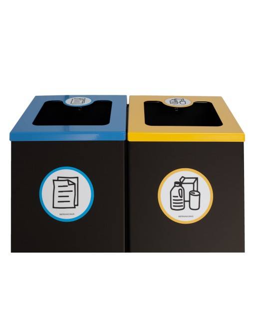 Pack of 2 black metal recycling bins (44L) with flip-top lid - Two-stream recycling station Pack of 2 black metal recycling bins (44L) with flip-top lid - Two-stream recycling station