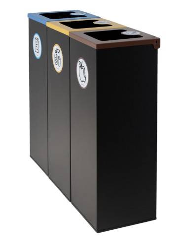 Set mit 3 schwarzen Metall-Recyclingbehältern (44L) mit Klappdeckel – Recyclinginsel für drei Abfallarten