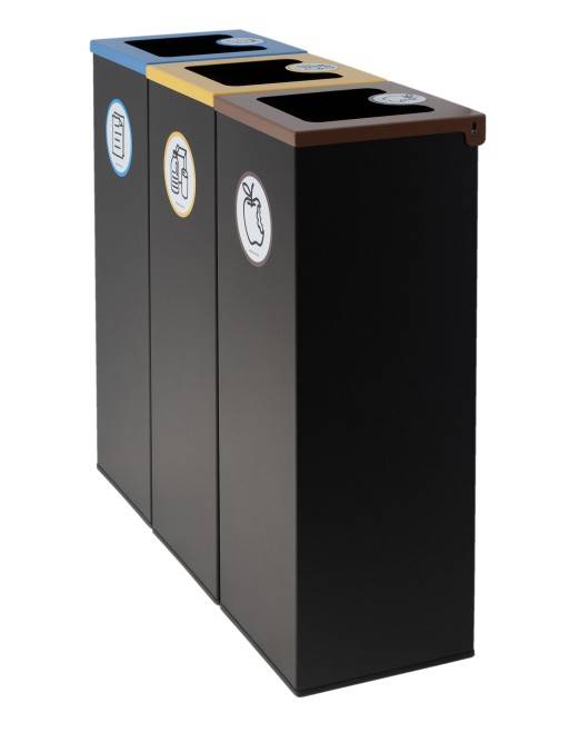 Lot de 3 poubelles de recyclage en métal noir (44L) avec couvercle rabattable – Îlot de recyclage pour trois types de déchets Lot de 3 poubelles de recyclage en métal noir (44L) avec couvercle rabattable – Îlot de recyclage pour trois types de déchets