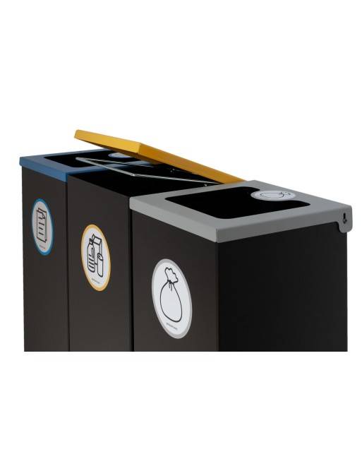 Lot de 3 poubelles de recyclage en métal noir (44L) avec couvercle rabattable – Îlot de recyclage pour trois types de déchets Lot de 3 poubelles de recyclage en métal noir (44L) avec couvercle rabattable – Îlot de recyclage pour trois types de déchets