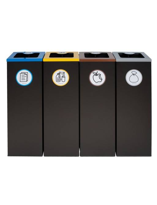 Pack of 4 black metal recycling bins (44L) with flip-top lid - Four-stream recycling station
