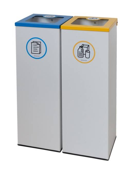 Pack of 2 44L metal recycling bins with flip-top lid - two-stream recycling station Pack of 2 44L metal recycling bins with flip-top lid - two-stream recycling station